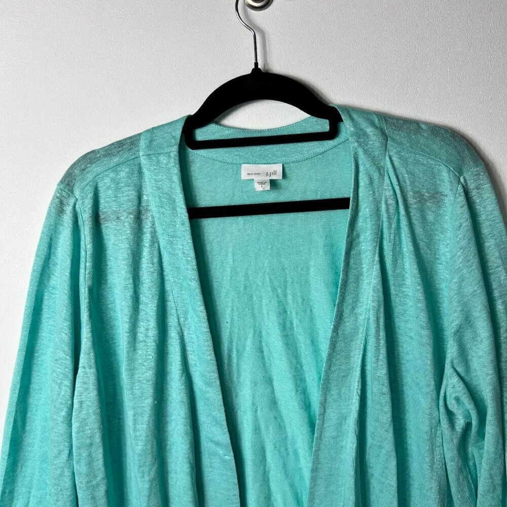 J. Jill Love Linen Cardigan‎ Sweater Womens Large Aqua Turquoise Open Front Knit - Picture 2 of 8